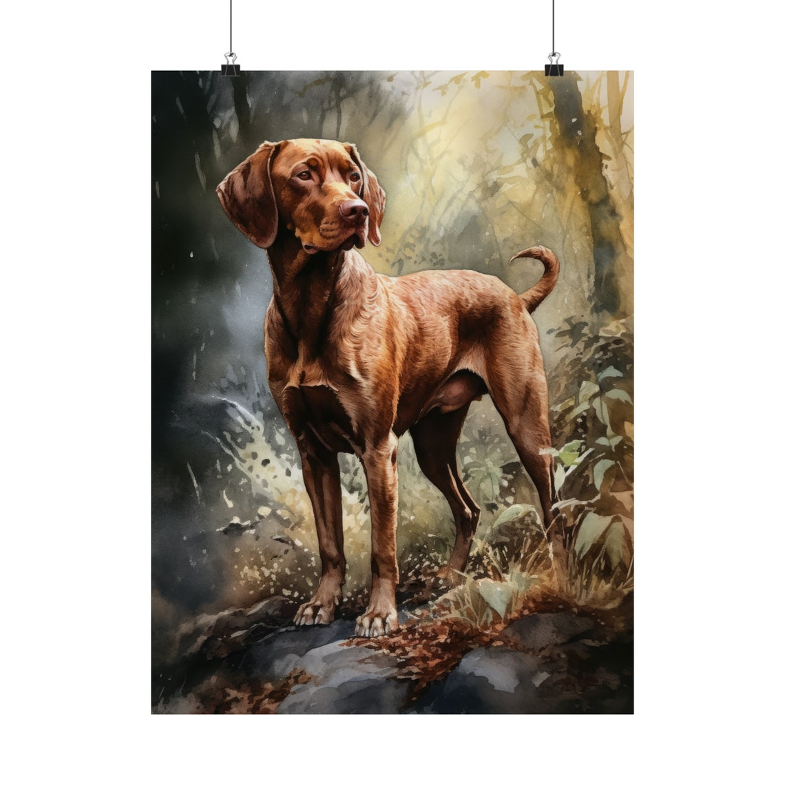 Wirehaired Vizsla Watercolor Portrait Standing In Misty Forest Poster - Image 5