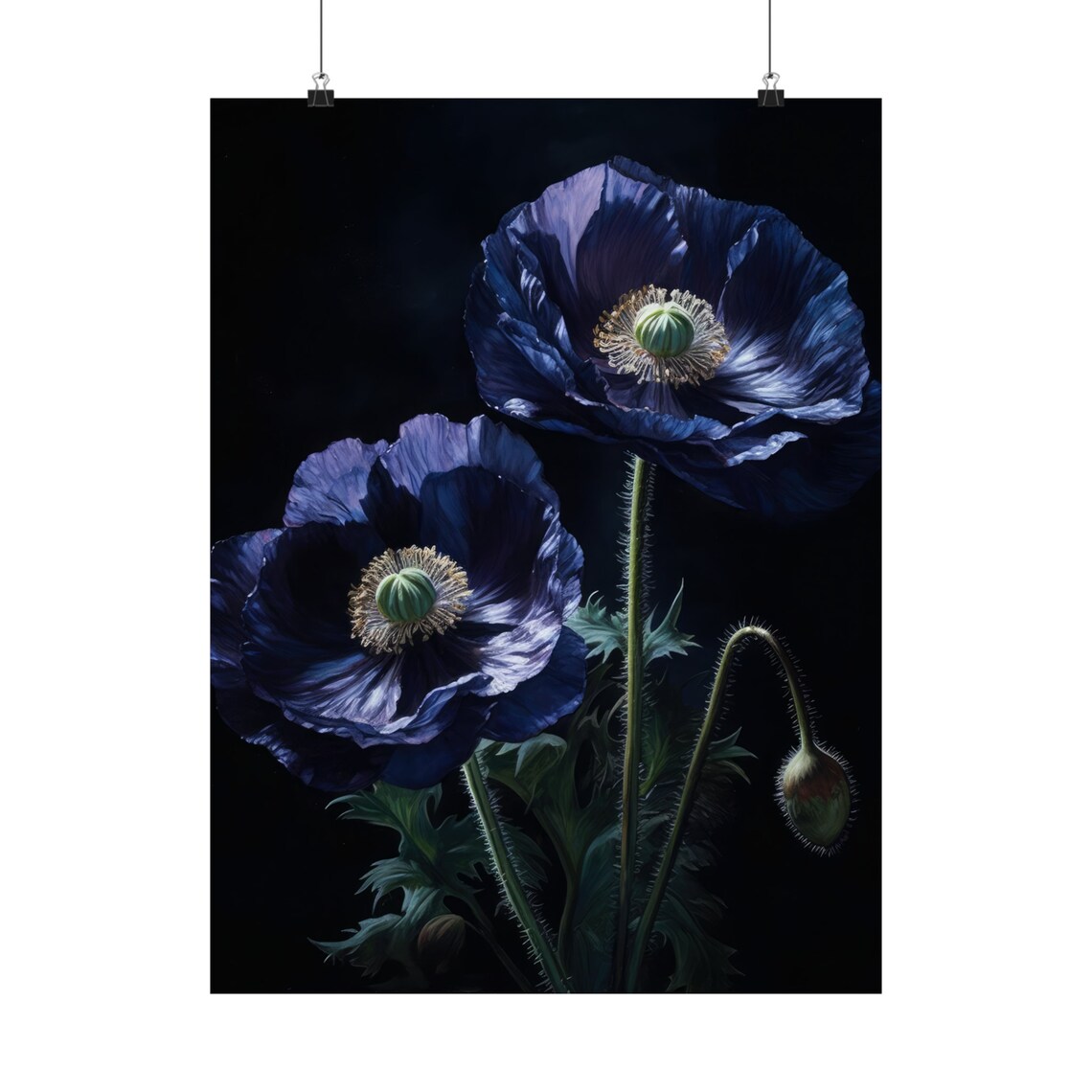 Blue Poppy Flowers Indigo Night Botanical Oil Painting Art Print - Image 4
