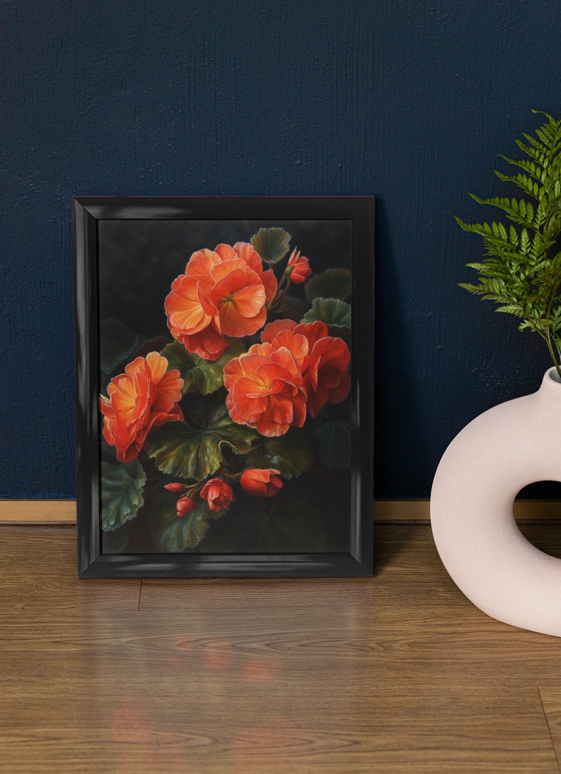 Orange Begonia Bright Bloom Cluster Deep Green Leaves Floral Poster