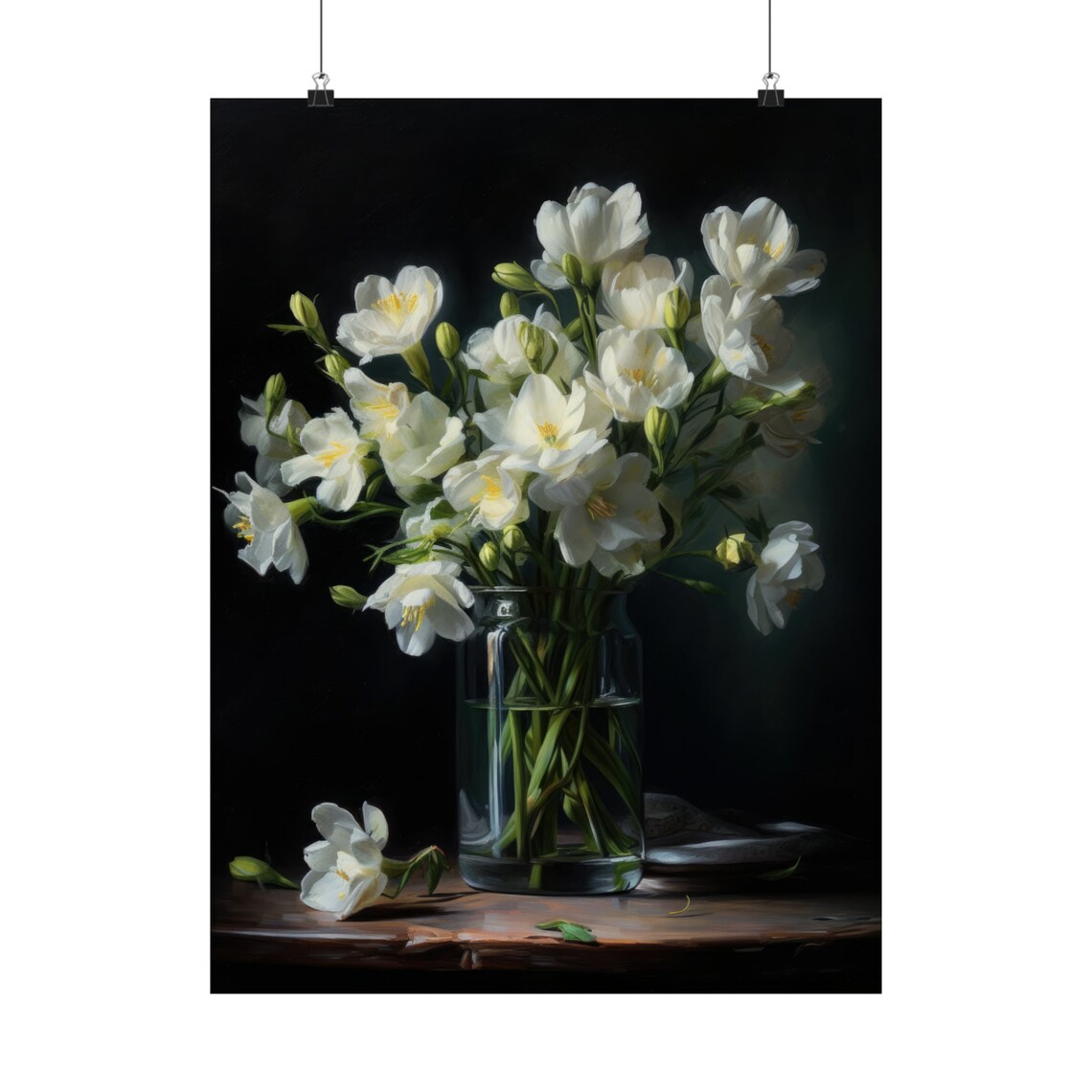White Freesia Bouquet Glass Vase Dark Moody Still Life Poster - Image 5