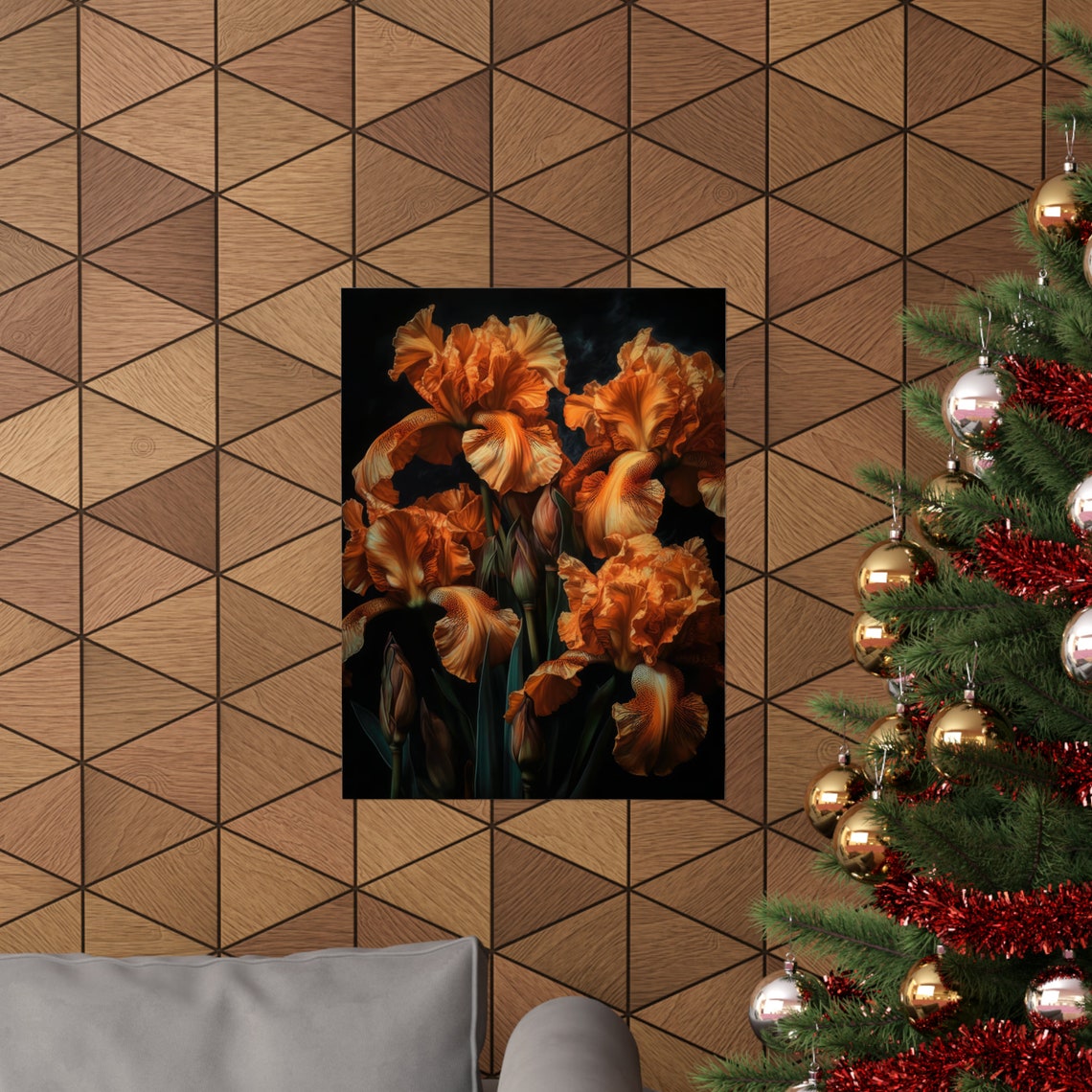 Burnt Orange Iris Blooms Dramatic Dark Botanical Wall Art Print - Image 3