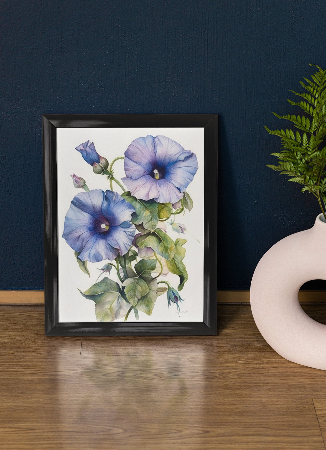 Blue Morning Glory Flowers Watercolor Botanical Floral Fine Art Poster