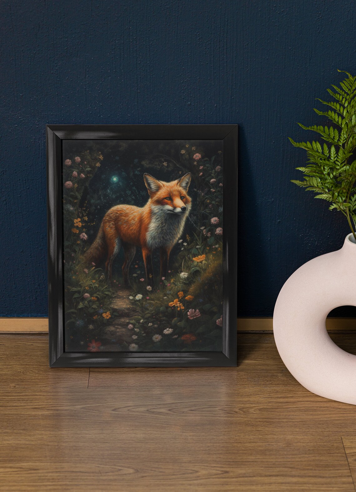 Red Fox Standing In Moonlit Wildflower Meadow Starry Night Poster