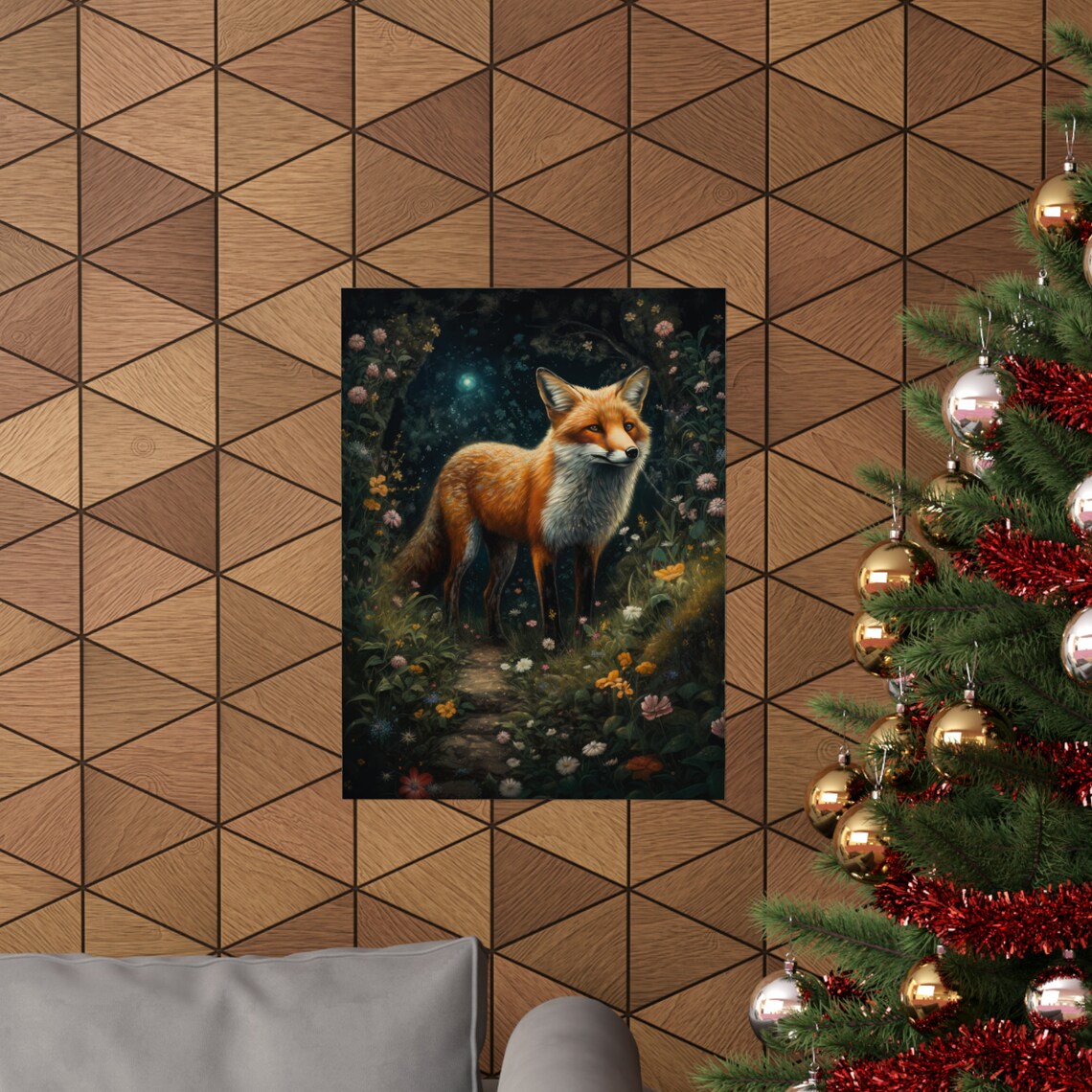Red Fox Standing In Moonlit Wildflower Meadow Starry Night Poster - Image 3