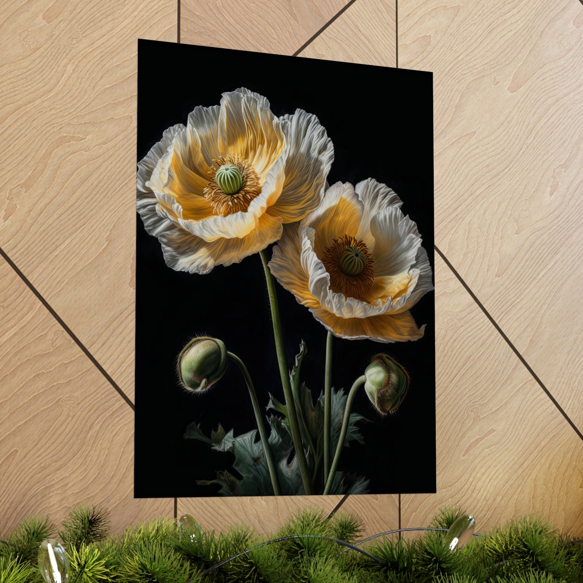 Cream Poppy Flowers Ivory Petals Warm Glow Botanical Art Print - Image 2