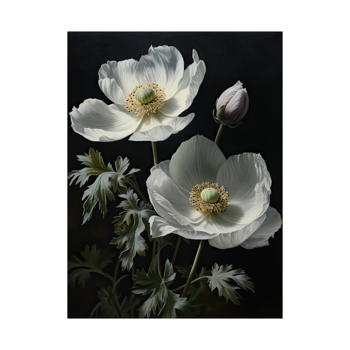 White Anemone Blooms Buds Dark Moody Botanical Floral Art Poster - Image 4