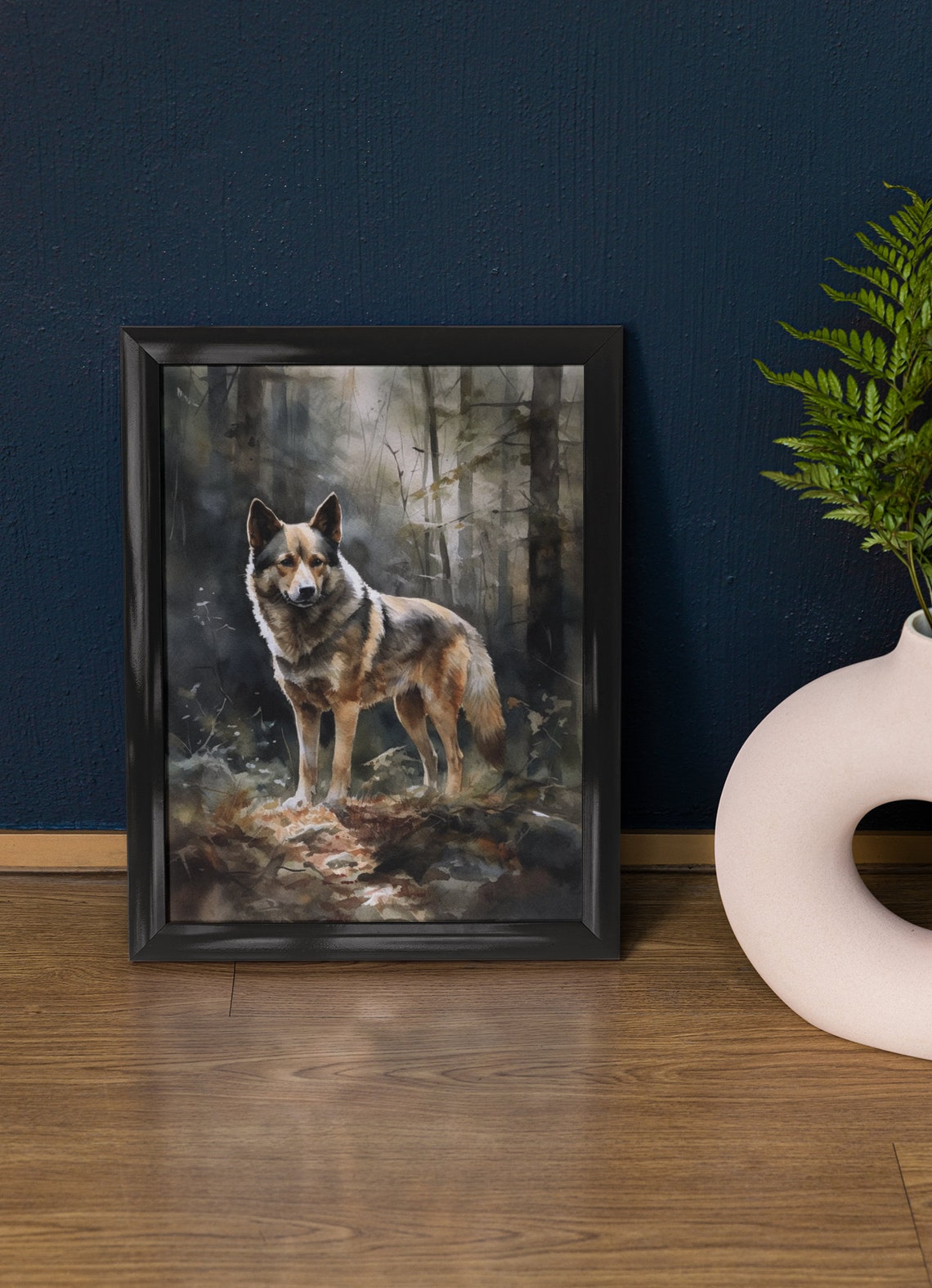 Swedish Vallhund Watercolor Portrait Standing In Dark Forest Poster
