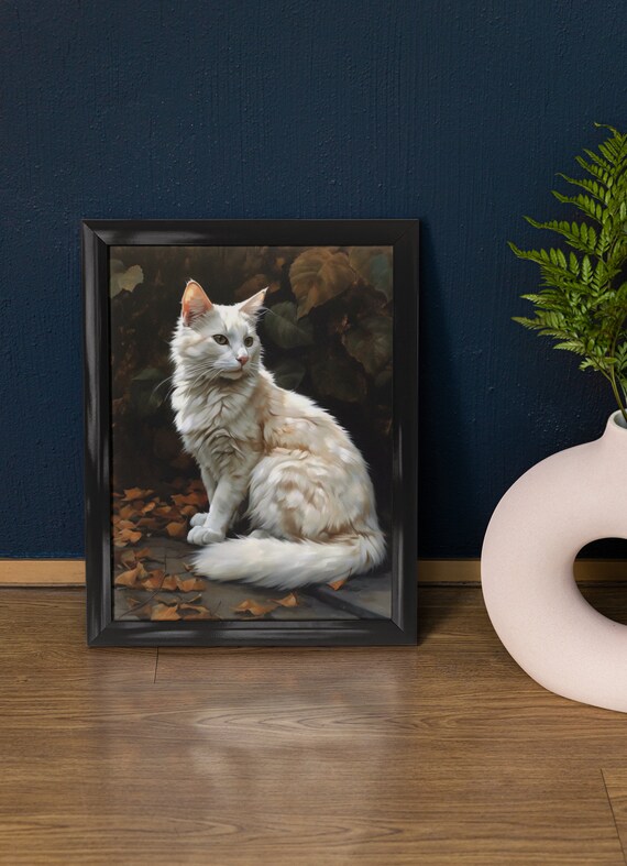 Turkish Angora White Longhaired Cat In Autumn Leaves Portrait Print