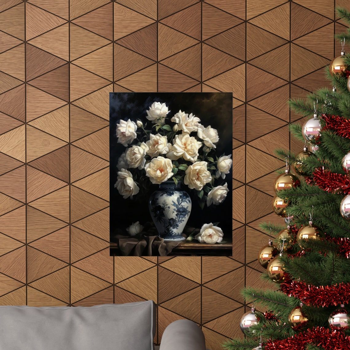 Cream White Roses Soft Blooms Blue Patterned Vase Still Life Poster - Image 3