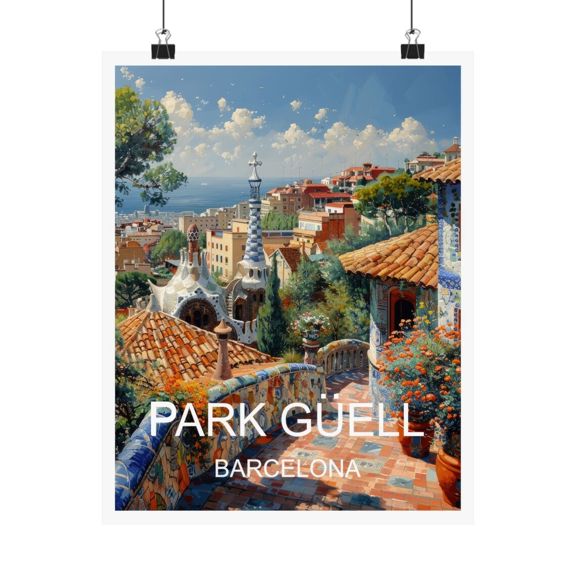 Barcelona Spain Park Guell Mosaic Terrace Gaudi Sea View Travel Poster