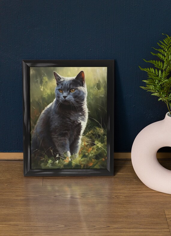 British Shorthair Cat Portrait Sunlit Garden Oil Painting Art Print