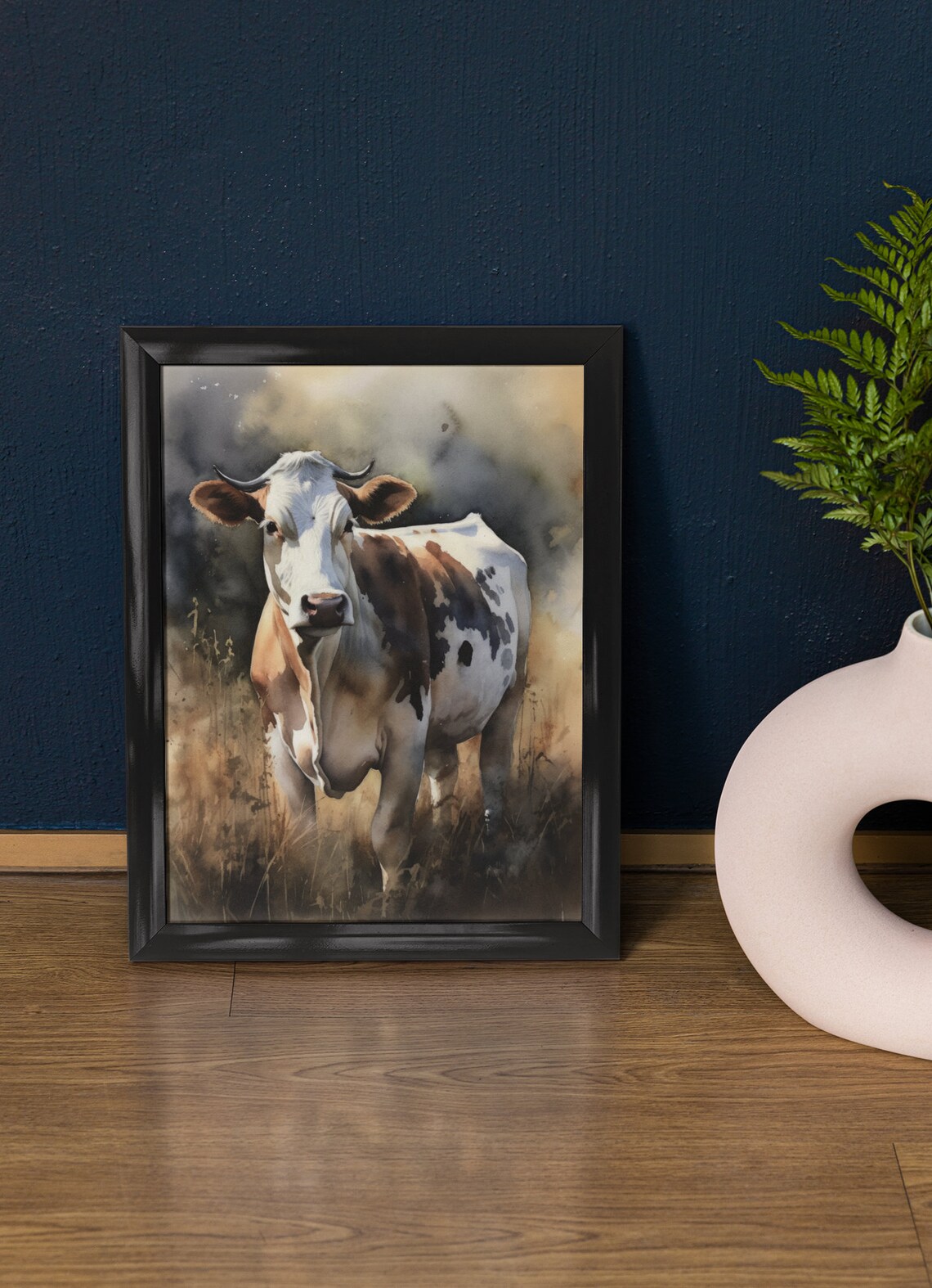 Brown White Cow Golden Field Portrait Watercolor Farm Art Print