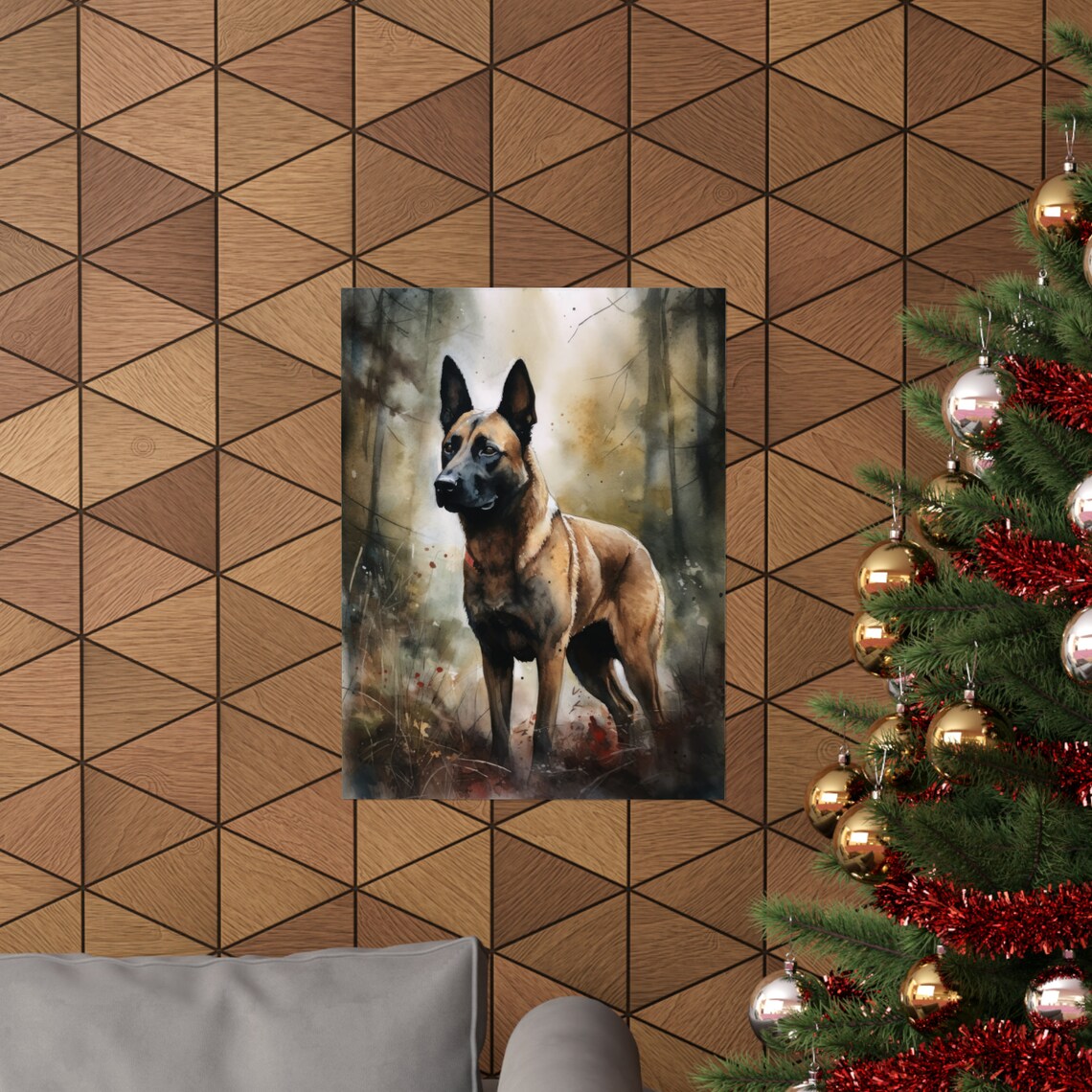Belgian Malinois Dog Standing In Misty Forest Watercolor Art Print - Image 3