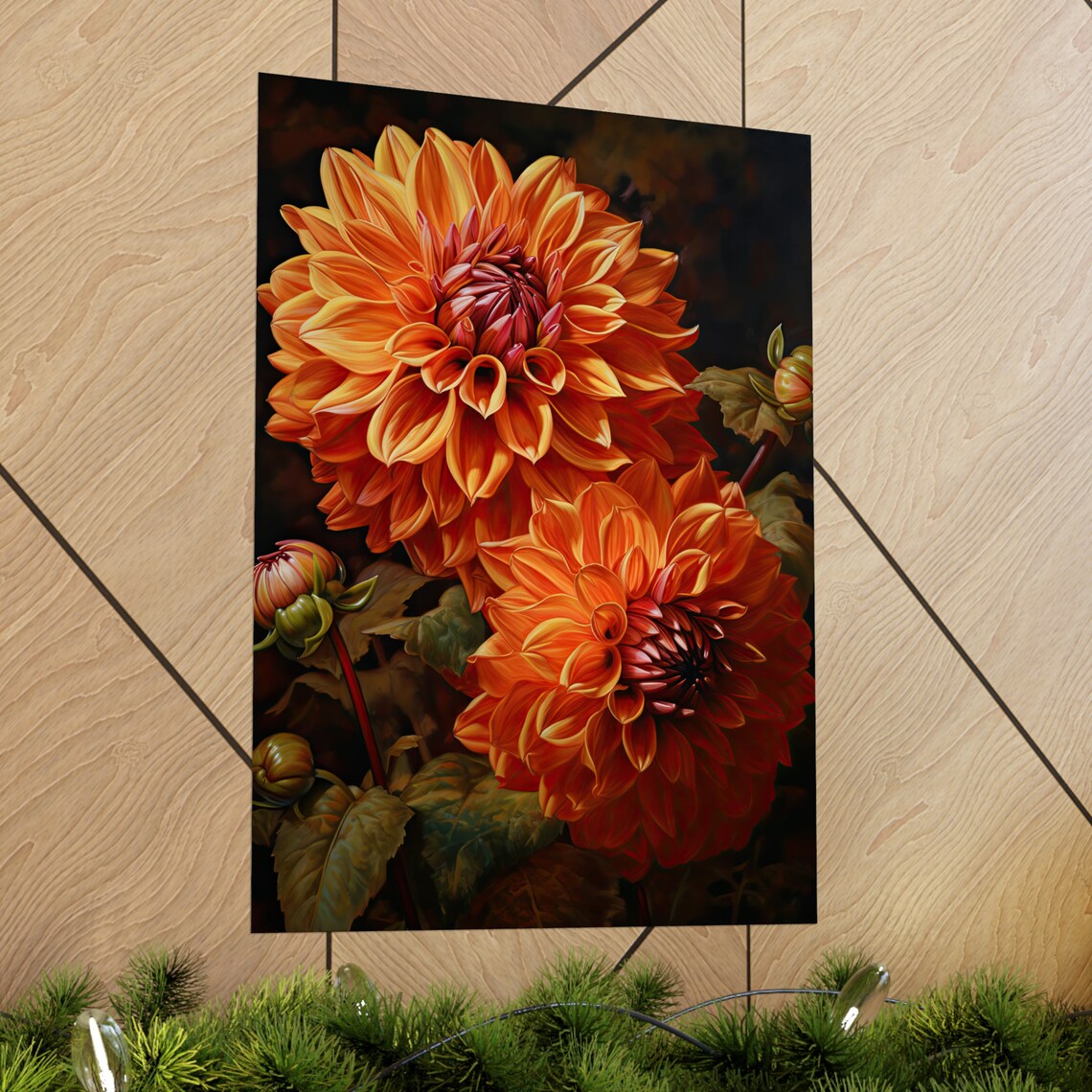 Burnt Orange Dahlia Blooms Bold Dark Floral Botanical Art Print - Image 2
