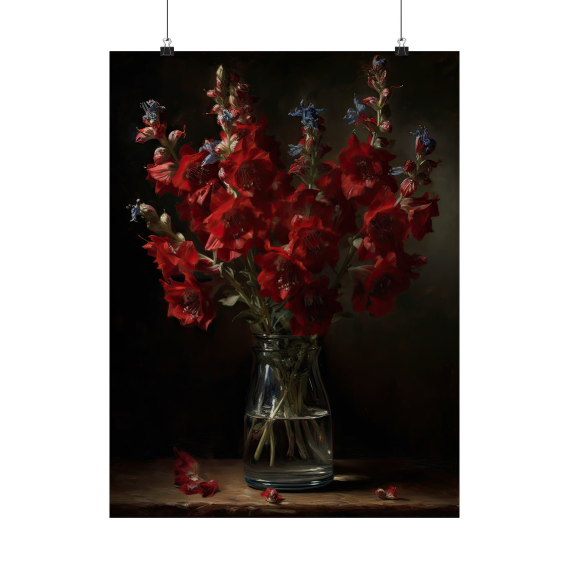 Deep Red Delphinium Bouquet Glass Vase Dark Still Life Poster - Image 5