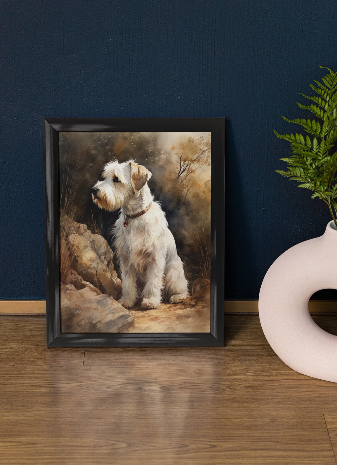 Sealyham Terrier Watercolor Portrait Sitting Among Rocks Dog Art Print