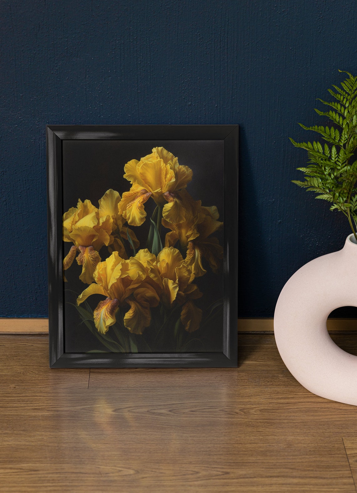 Golden Yellow Iris Blossoms Cluster Dark Moody Floral Wall Art Print