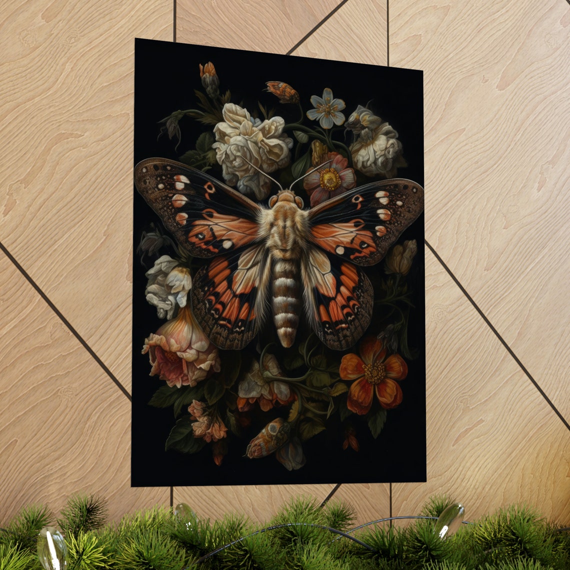 Dark Academia Orange Moth Baroque Floral Gothic Night Insect Poster - Image 2
