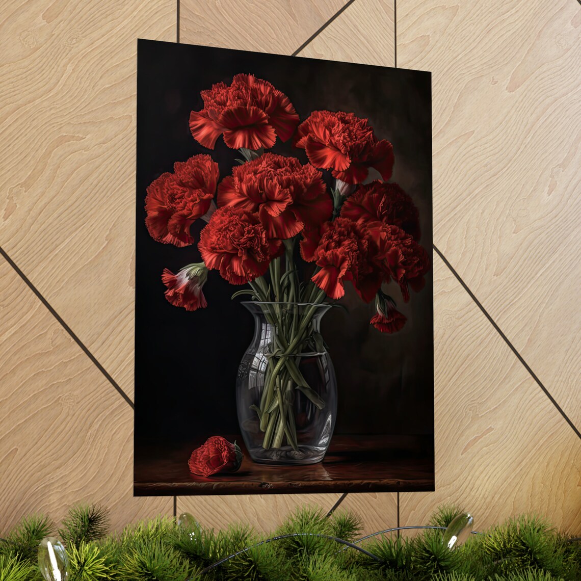 Scarlet Red Carnations Tall Glass Vase Bold Dark Floral Art Poster - Image 2