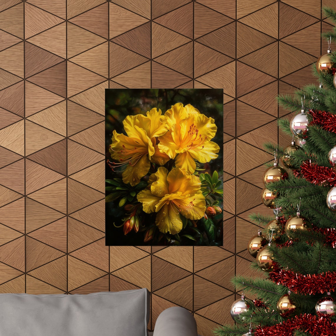 Yellow Azalea Blossoms Dramatic Dark Background Floral Art Print - Image 3
