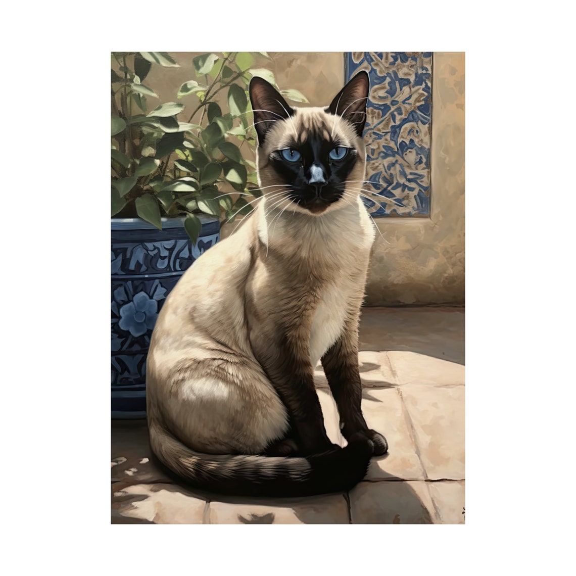 Siamese Cat Sunlit Patio Blue Planter Elegant Feline Art Poster - Image 4