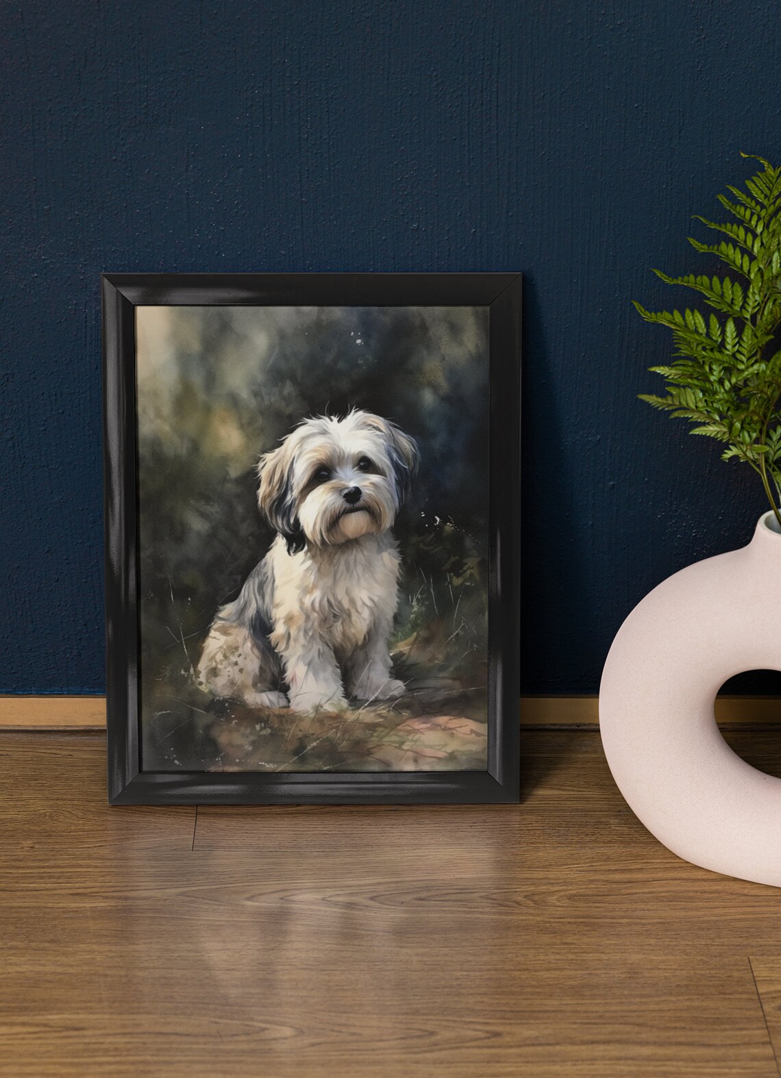 Tibetan Terrier Fluffy White Puppy Woodland Watercolor Portrait Poster