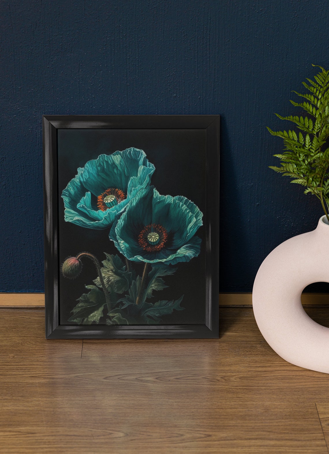 Turquoise Blue Poppy Blooms Dark Background Botanical Art Print