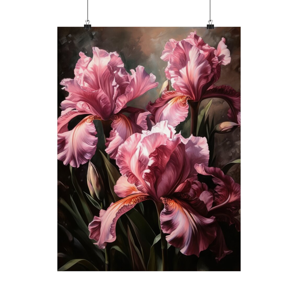 Dusty Rose Iris Blooms Moody Dark Floral Botanical Wall Art Print - Image 5