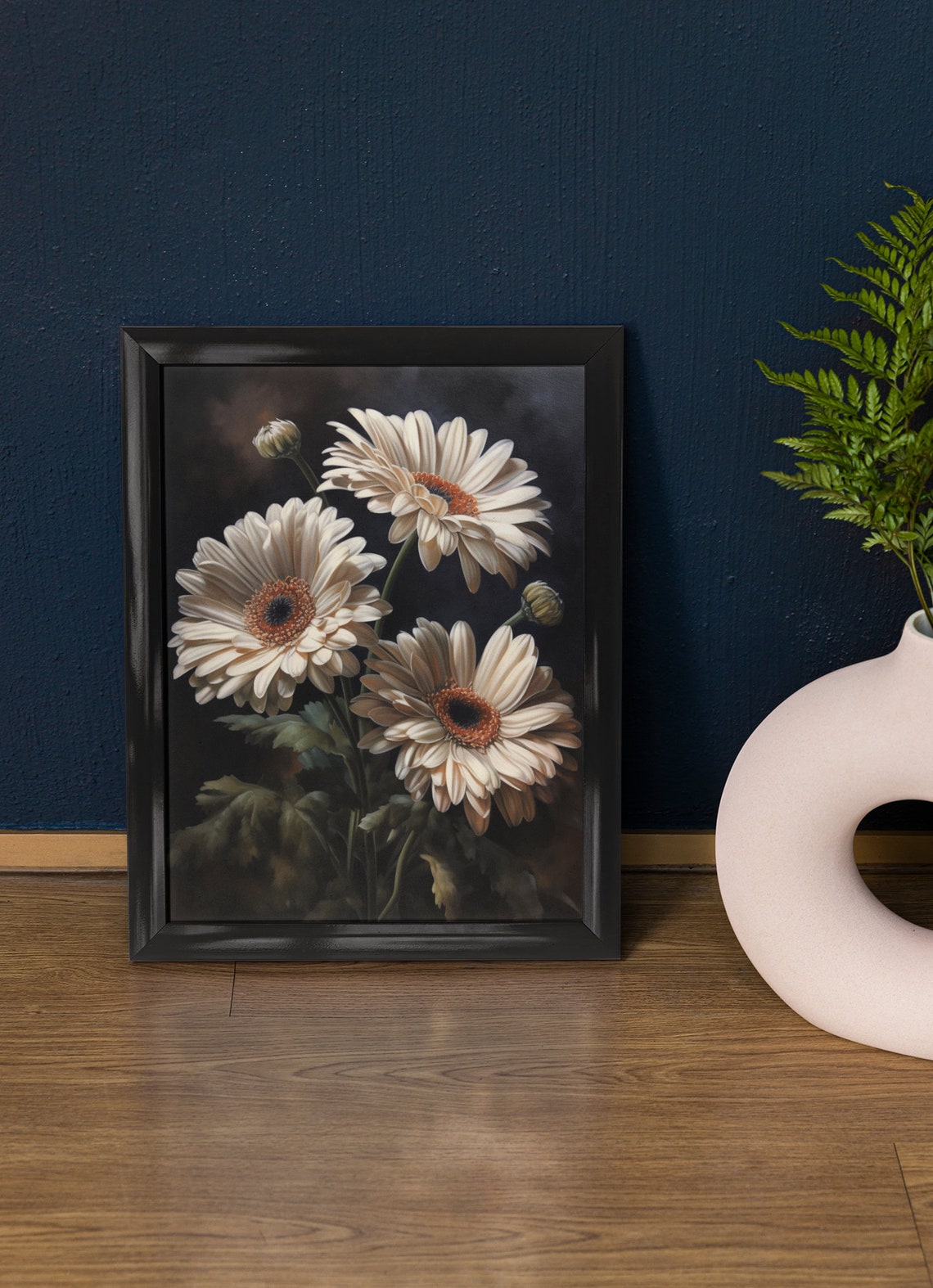 White Gerbera Daisy Cream Blooms Dark Background Botanical Art Poster