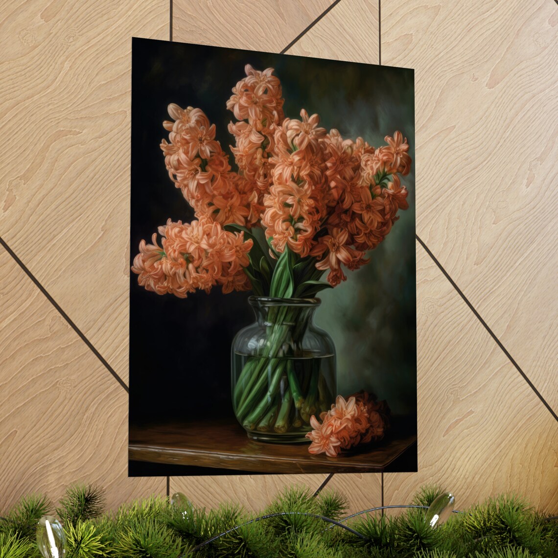Apricot Hyacinth Blossoms Glass Vase Dark Still Life Flower Poster - Image 2