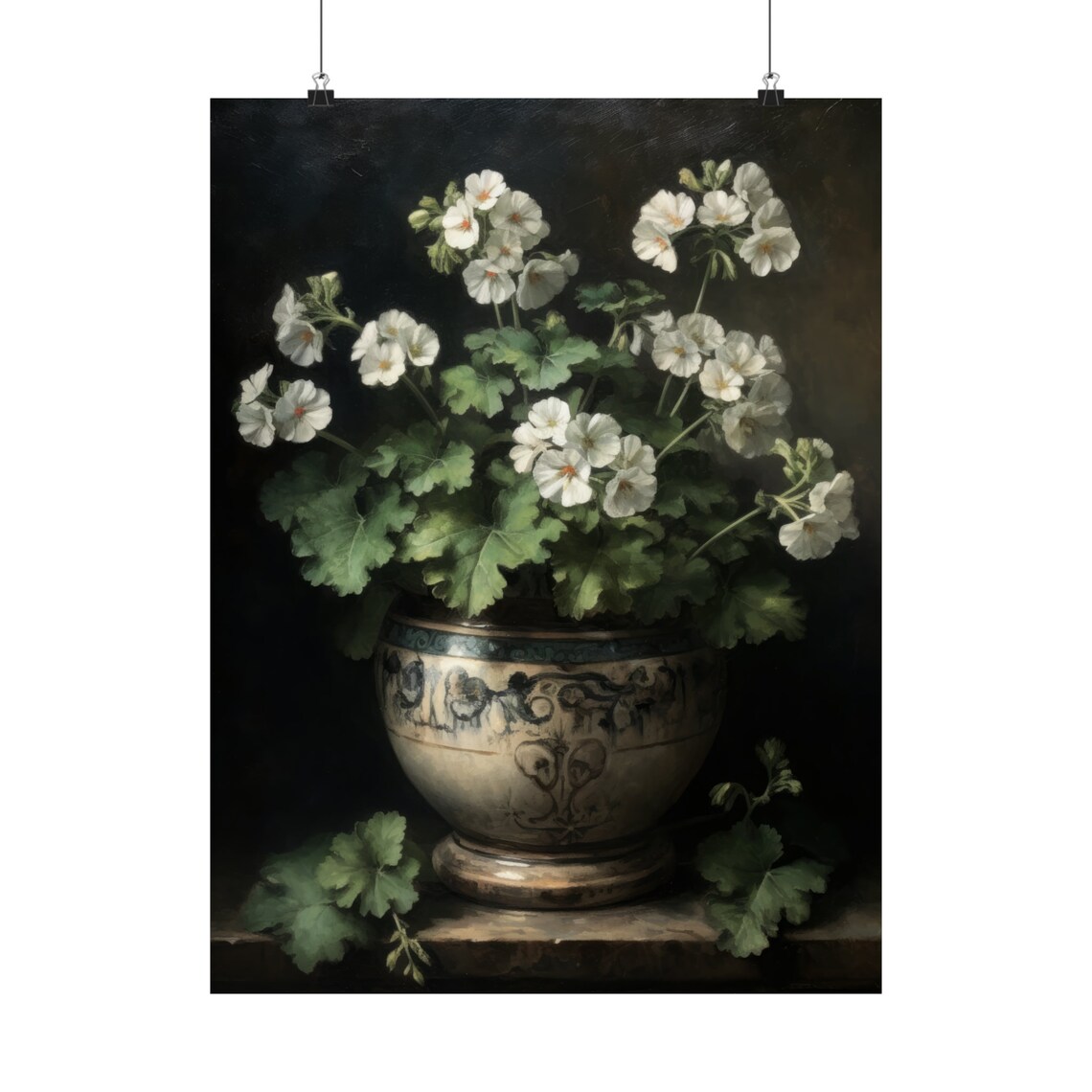 Ivory White Geranium Flowers Vintage Pot Dark Still Life Art Poster - Image 5