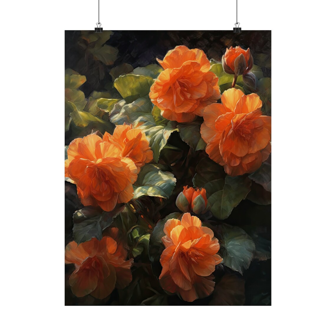 Orange Begonias Dappled Sunlight Dark Garden Blooms Floral Art Poster - Image 5
