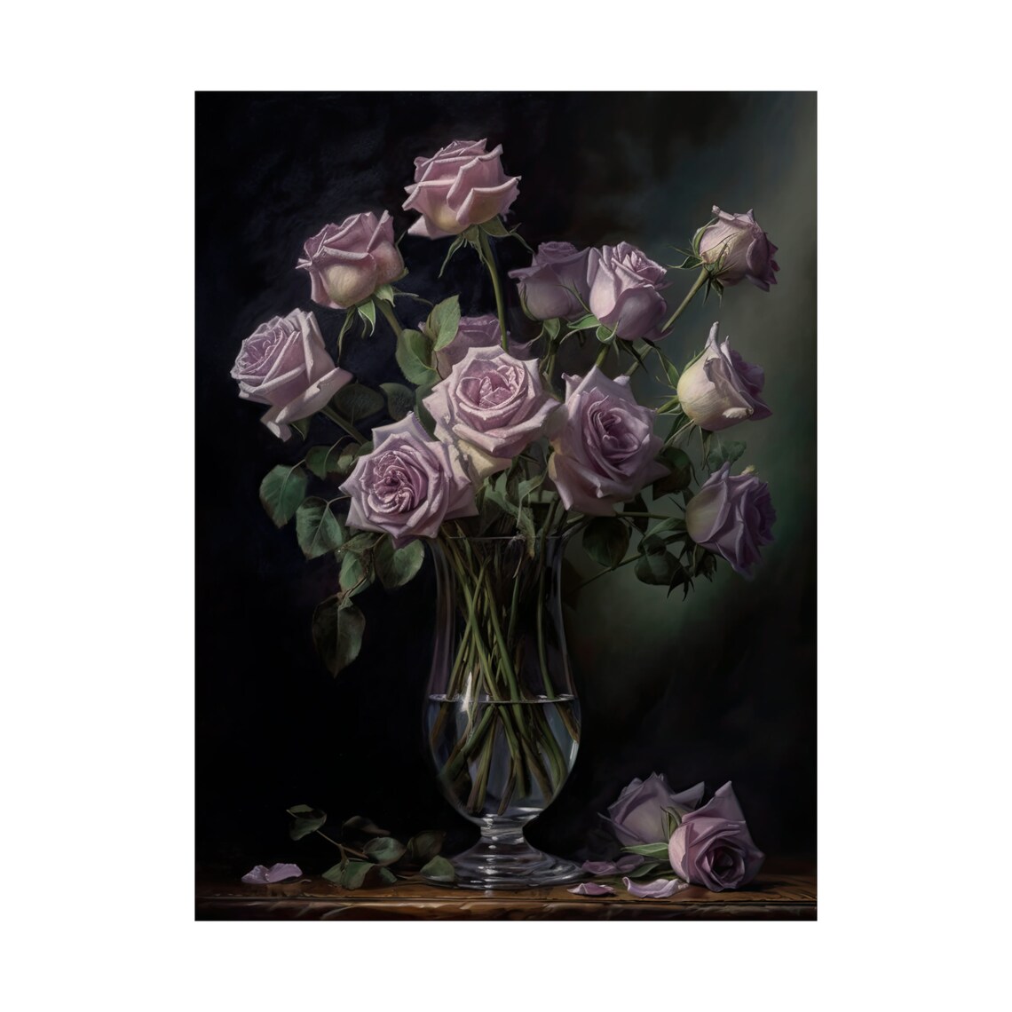 Lavender Roses Glass Vase Moody Still Life Botanical Wall Art - Image 4