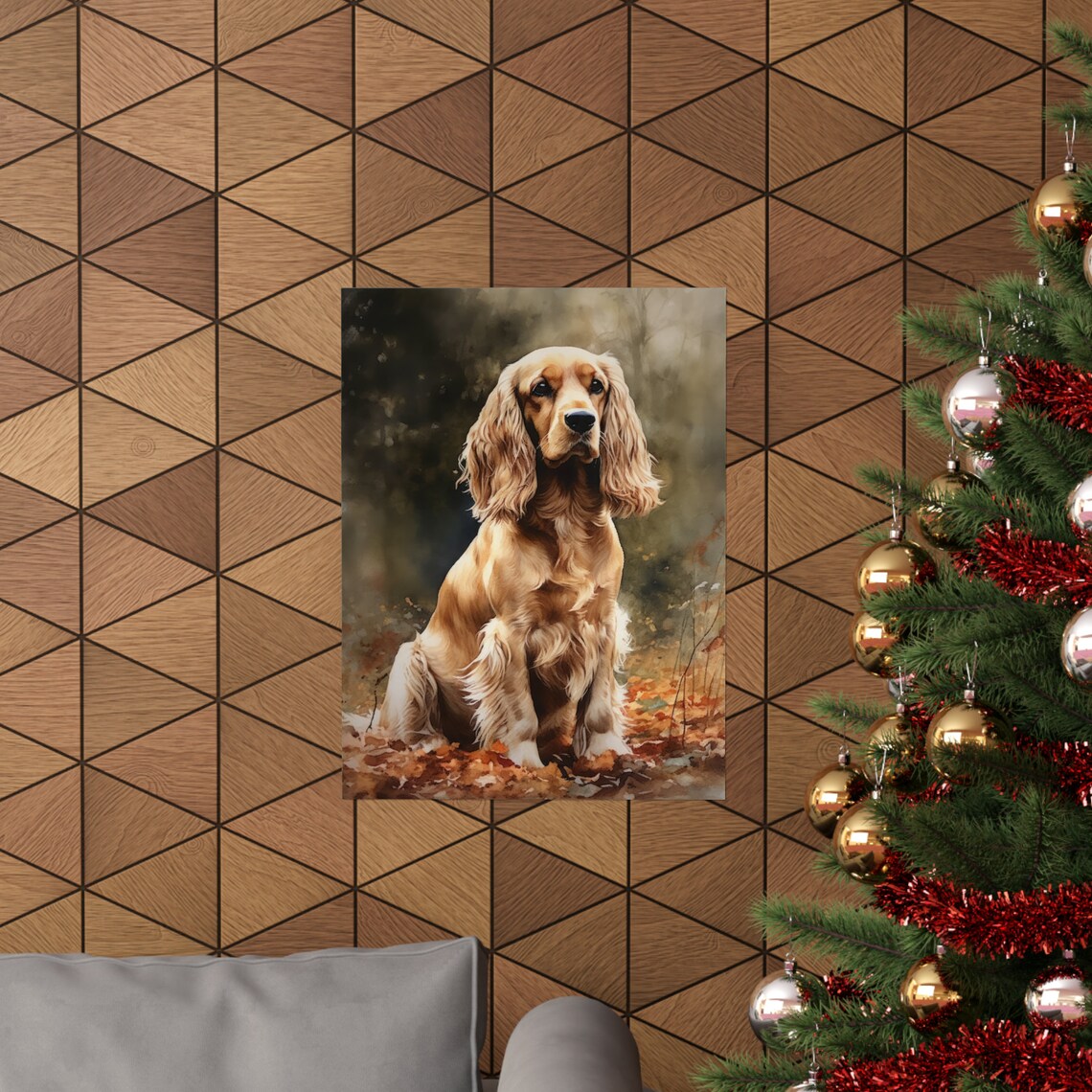 Golden Cocker Spaniel Dog Sitting Among Autumn Leaves Poster - Image 3