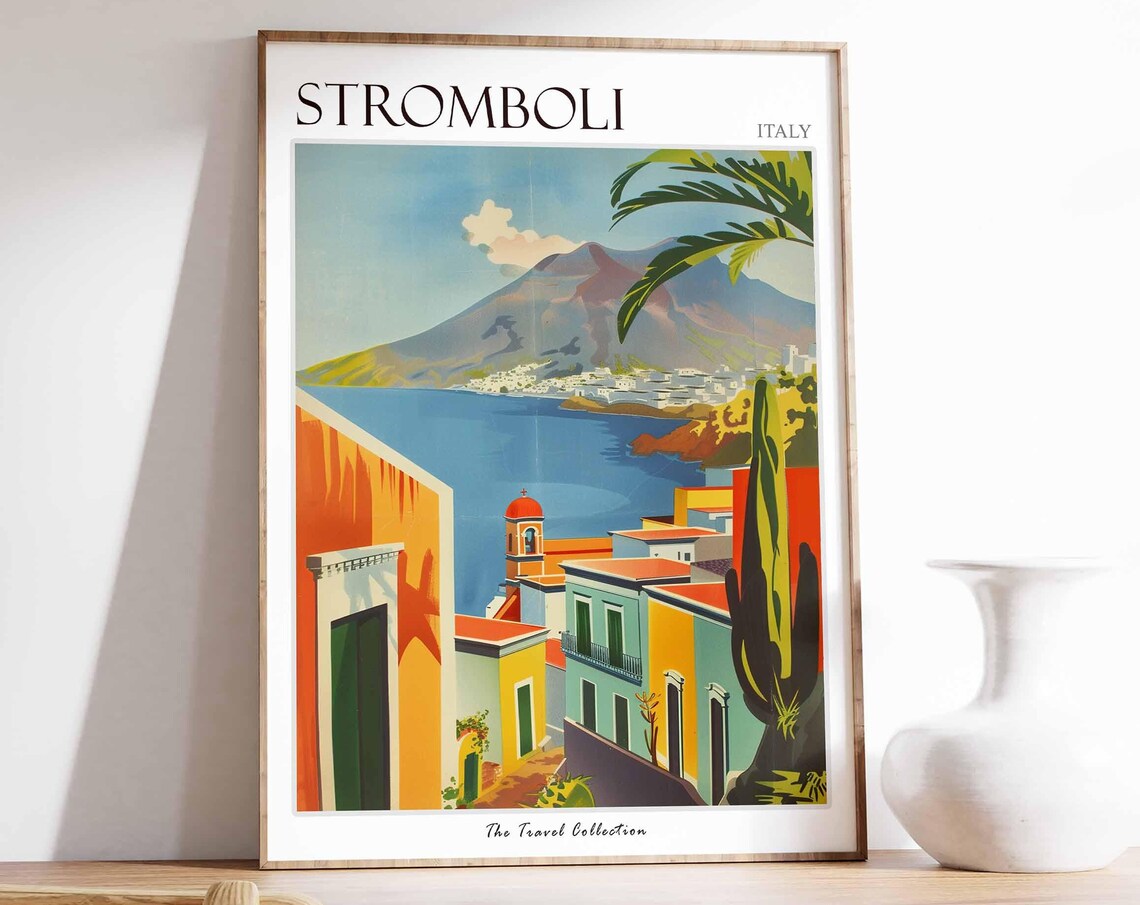 Stromboli Italy Colorful Coastal Town Travel Poster with Volcano View