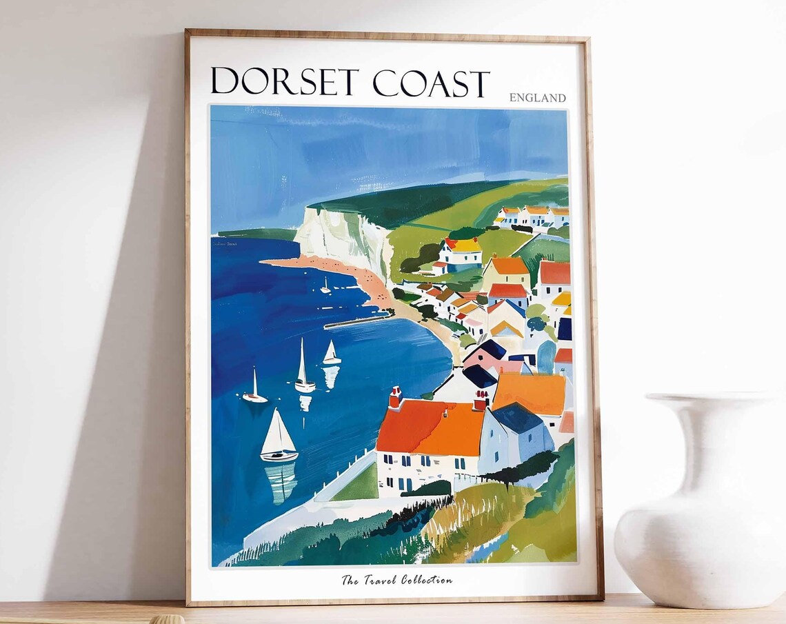 Dorset Coast England Harbor Village Travel Poster Sailboats Cliff Art