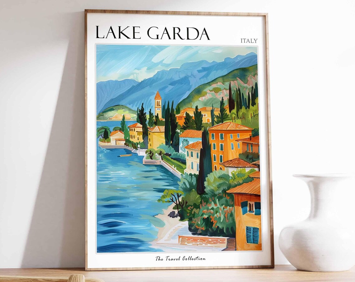 Lake Garda Italy Cypress Trees Lakeside Village Painting Poster