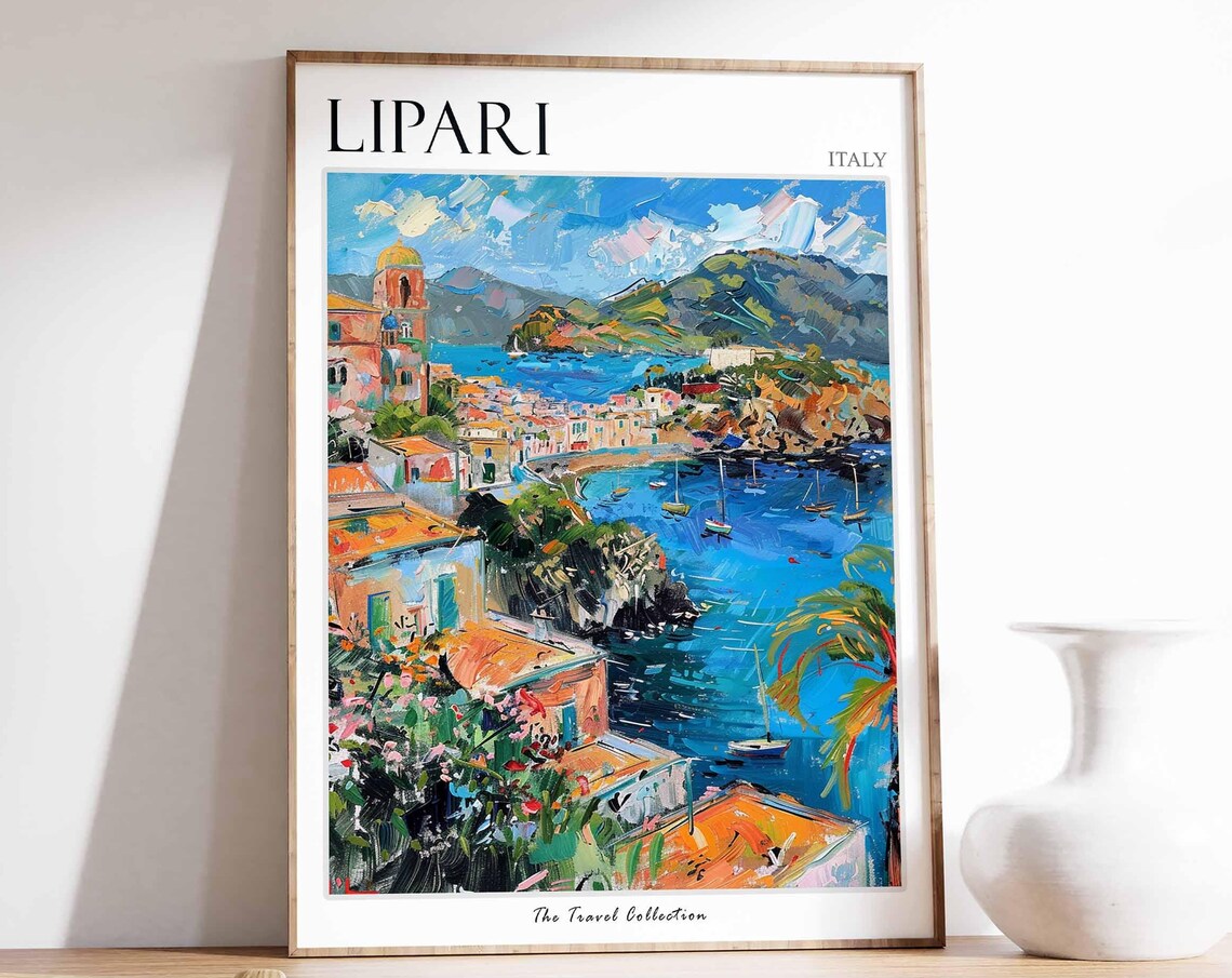 Lipari Italy Sunny Island Harbor Church Dome Boats Travel Poster