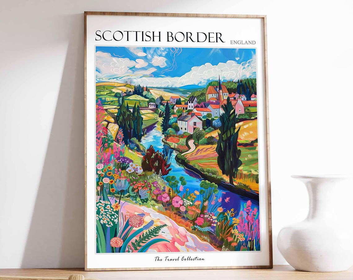 Scottish Borders River Village Floral Countryside Landscape Poster