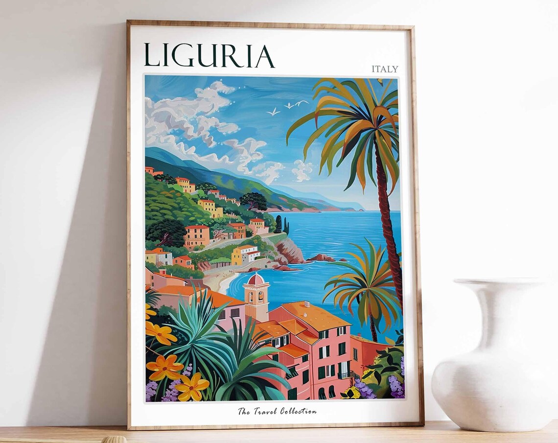 Liguria Italy Colorful Coastal Town Palm Trees Travel Art Poster