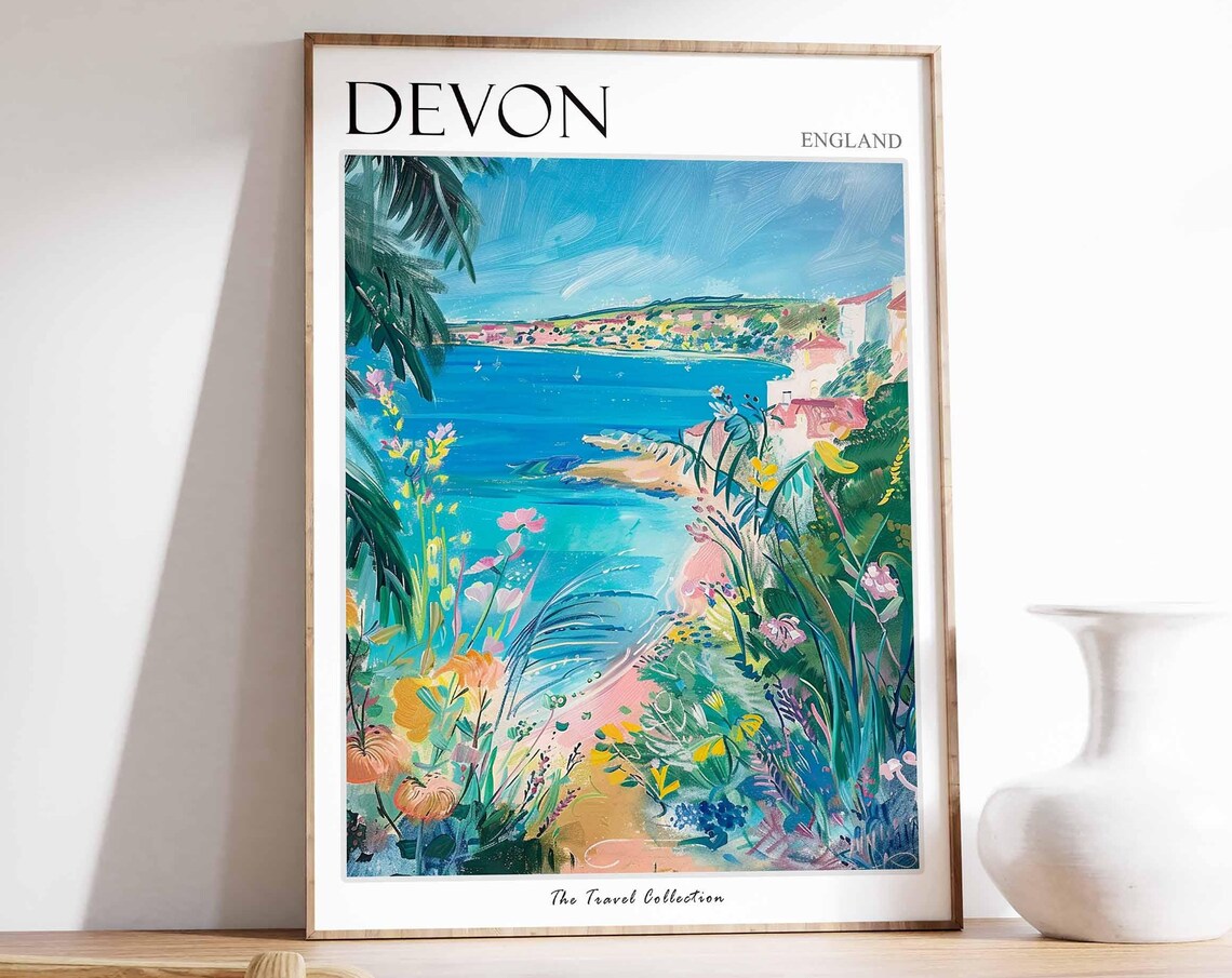 Devon England Seaside Cove Wildflowers Beach Painting Poster
