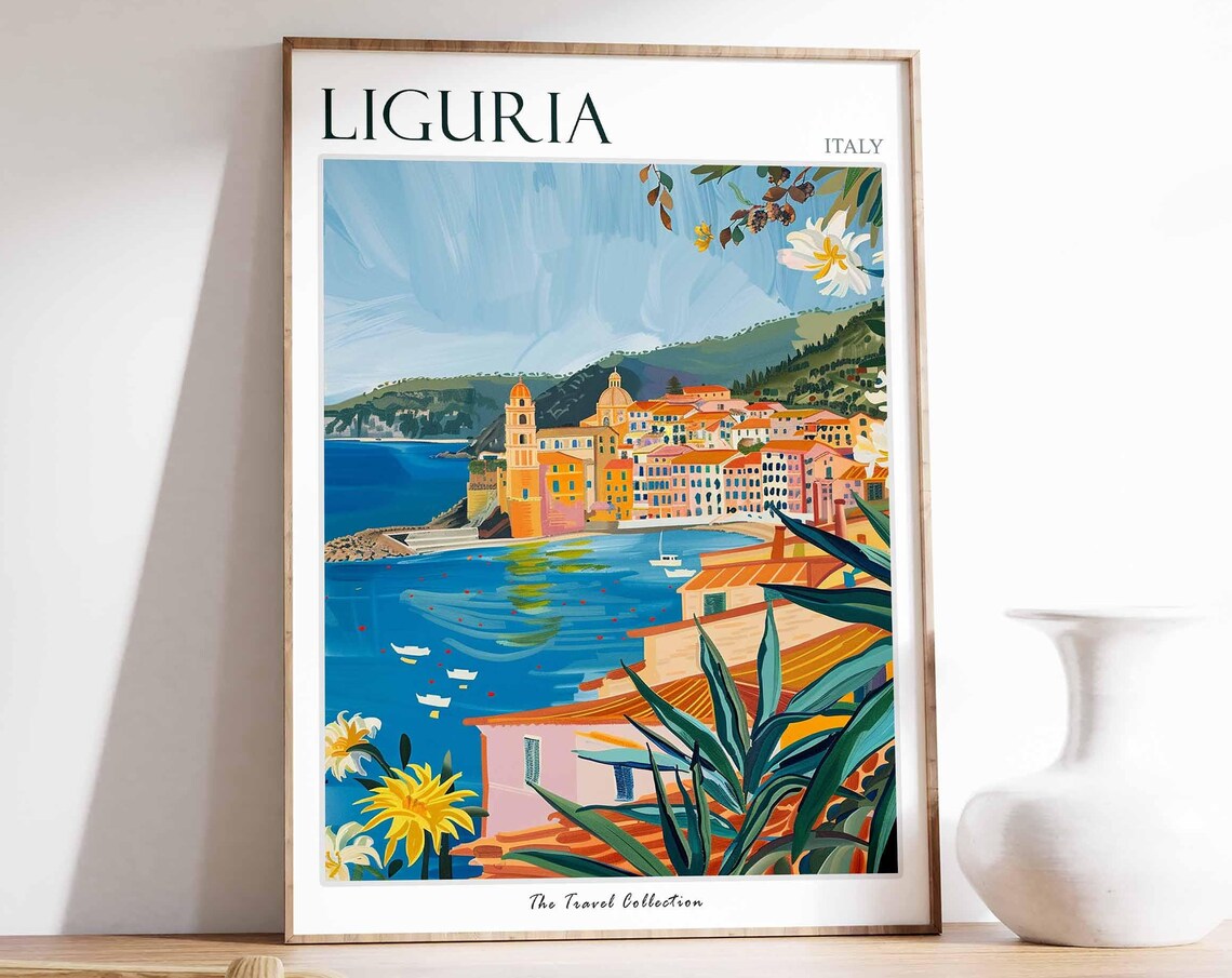 Liguria Italy Picturesque Harbor Church Town Boats Travel Poster