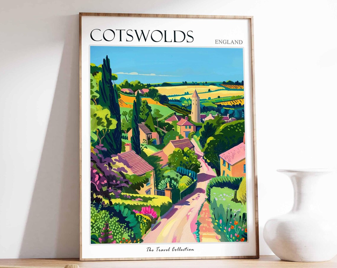 Cotswolds England Village Church Tower Sunlit Lane Garden Poster