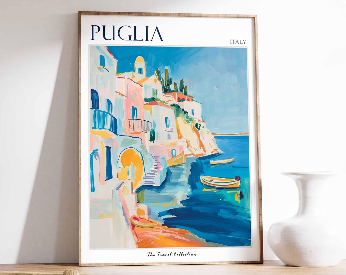 Puglia Italy Colorful Coastal Cliffside Old Town Travel Poster