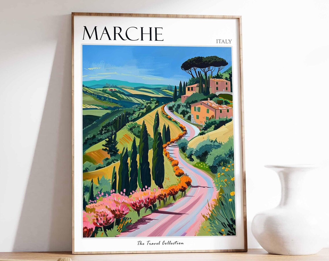 Marche Italy Rolling Hills Cypress Road Villa Travel Art Poster