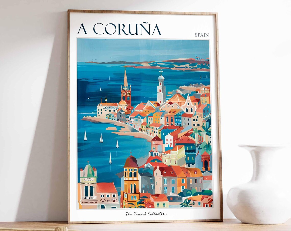 A Coruna Spain Church Towers Sailboat Bay Colorful Art Poster