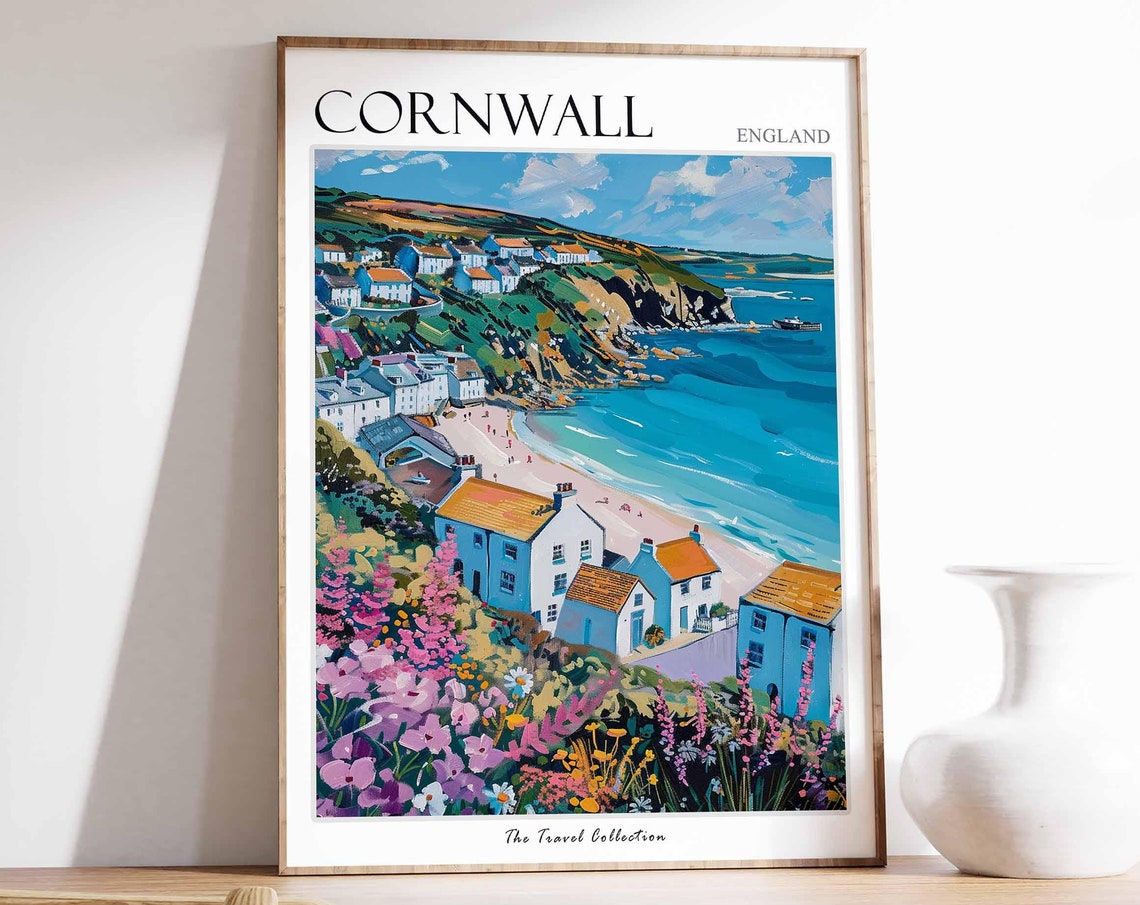 Cornwall England Cliffside Village Beach Wildflower Travel Poster