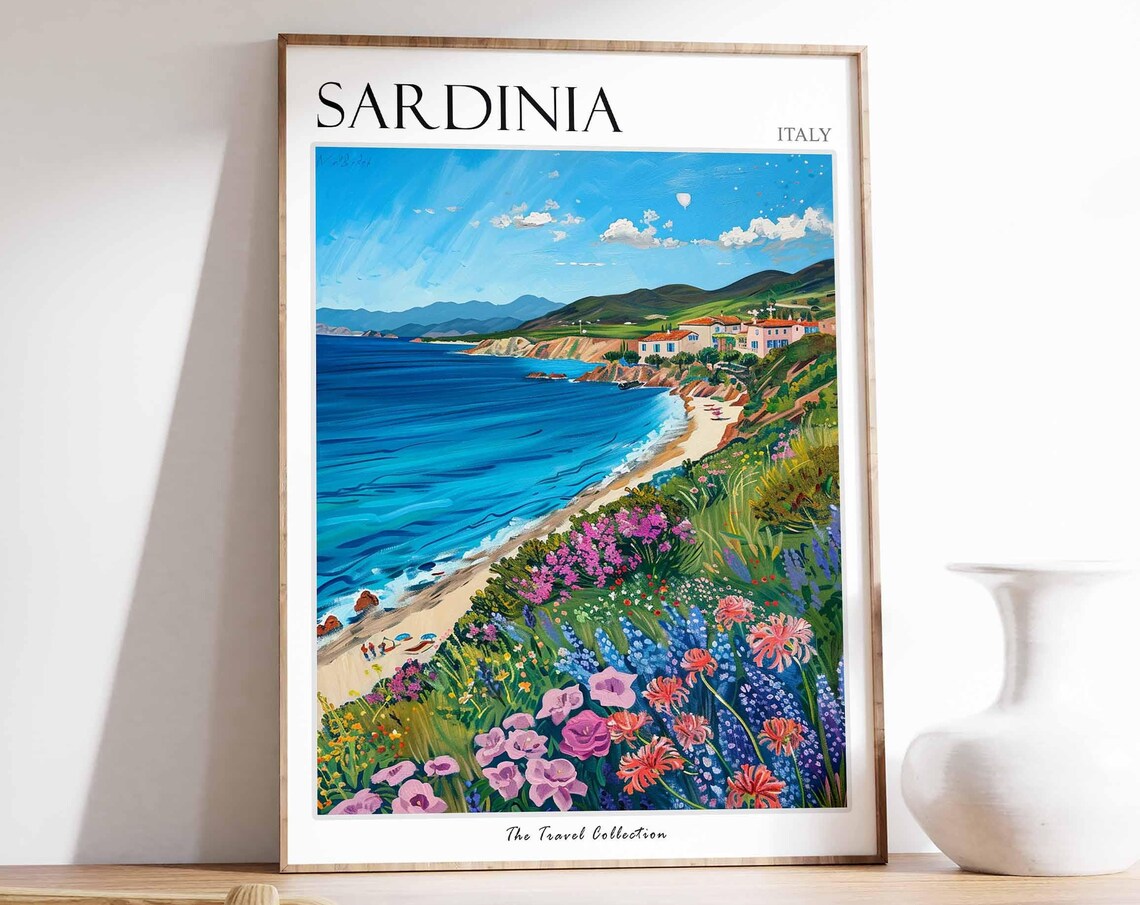 Sardinia Italy Wildflower Beach Coastal Village Scene Poster