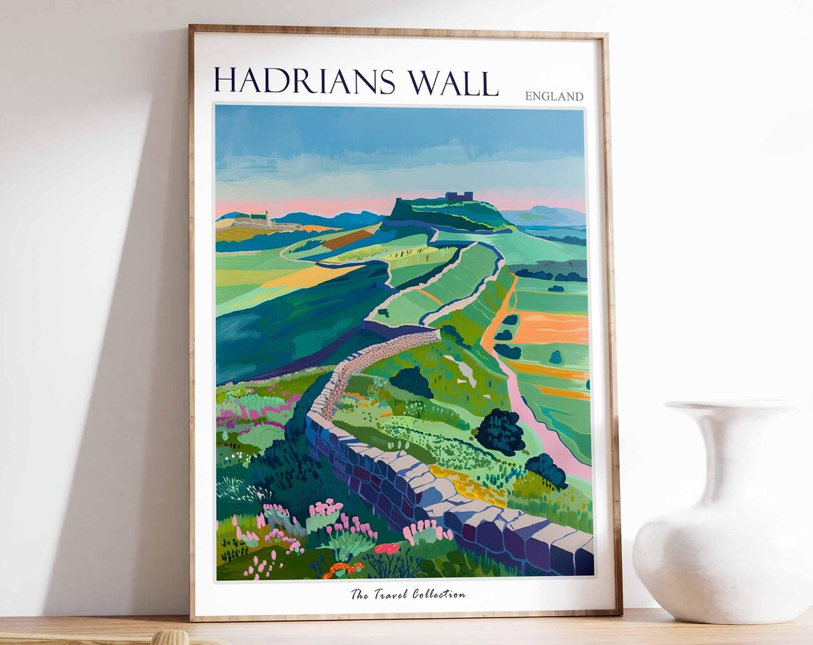 Hadrians Wall England Hilltop Fort Travel Poster Stone Wall Valley Art