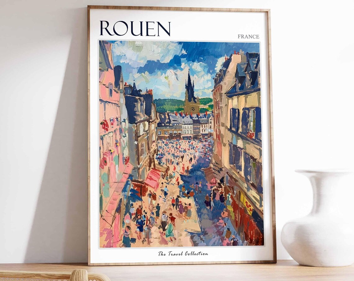 Rouen France Bustling Market Street Aerial Crowd Scene Poster